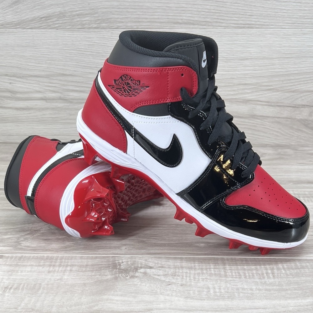 Nike Jordan 1 Mid Patent Leather Bred Football Cleats FJ6805-601 Men's Size 12